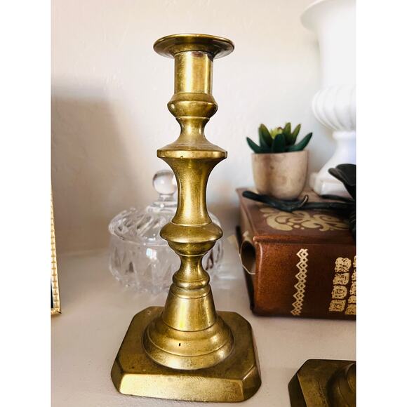 Vintage Brass Candlestick Holders Pair, Hexagon Base, 8” Colonial Revival - Picture 2 of 13